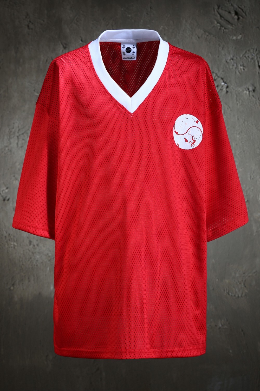 ByTheR Mens Korean Flag V-Neck Mesh Short Sleeve T-Shirt Loose Fit Red One Size gallery
