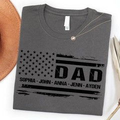 Personalized Dad Shirt 4th of July Gift Custom Kids Name Patriotic USA Flag Tee