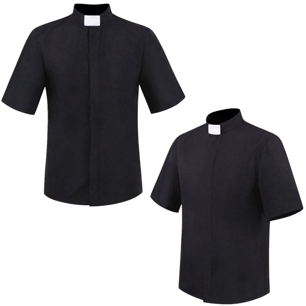 US Men's Priest Clergy Shirt Short Sleeves Stand Collar for Pastor Preacher Tops gallery