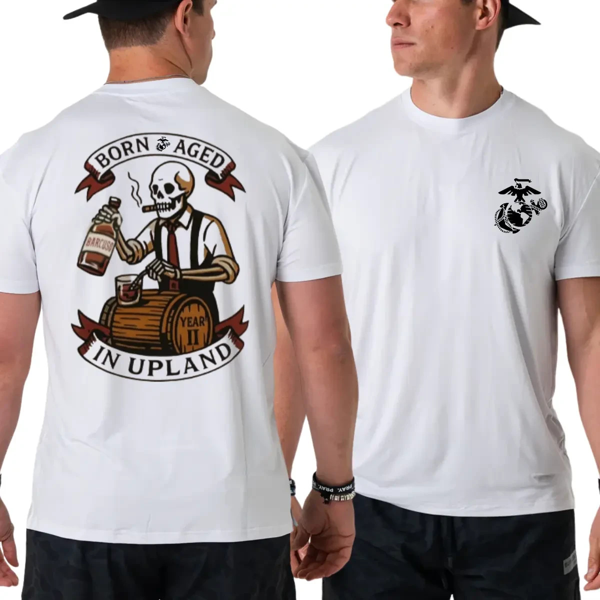 Born And Aged In Upland T-Shirt, Vintage Skeleton Bartender Graphic 2 Sides gallery