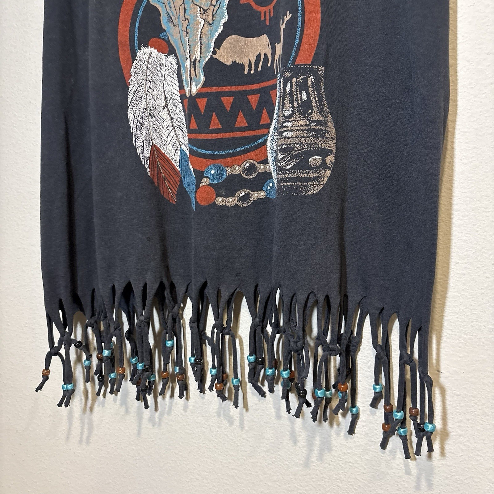 Rodeo PBR Fringe T-Shirt Mens L Black Beaded Native Style Vintage 90s Fringe USA gallery