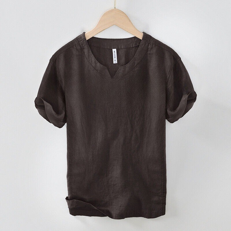 Men 100% Linen V Neck T-shirt Retro Summer Short Sleeves Tops Casual Undershirt gallery