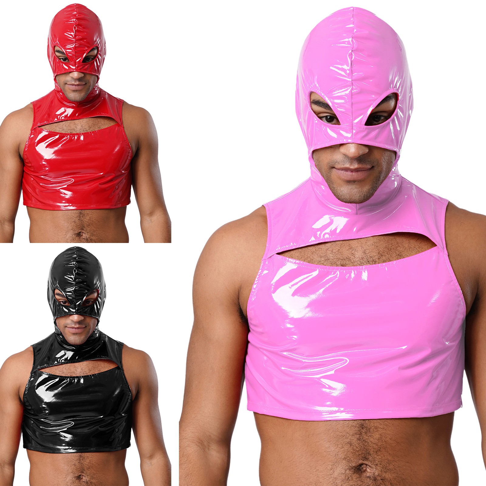 Mens Sexy Tops Patent Leather Mask Hooded Crop Top Wet Look Hooded Undershirts gallery