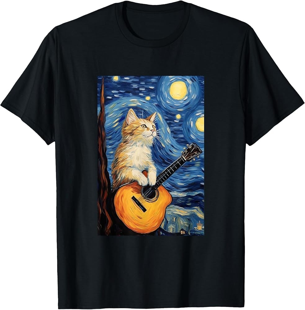 Cat playing Guitar - Van Gogh Style - Starry Night T-Shirt gallery