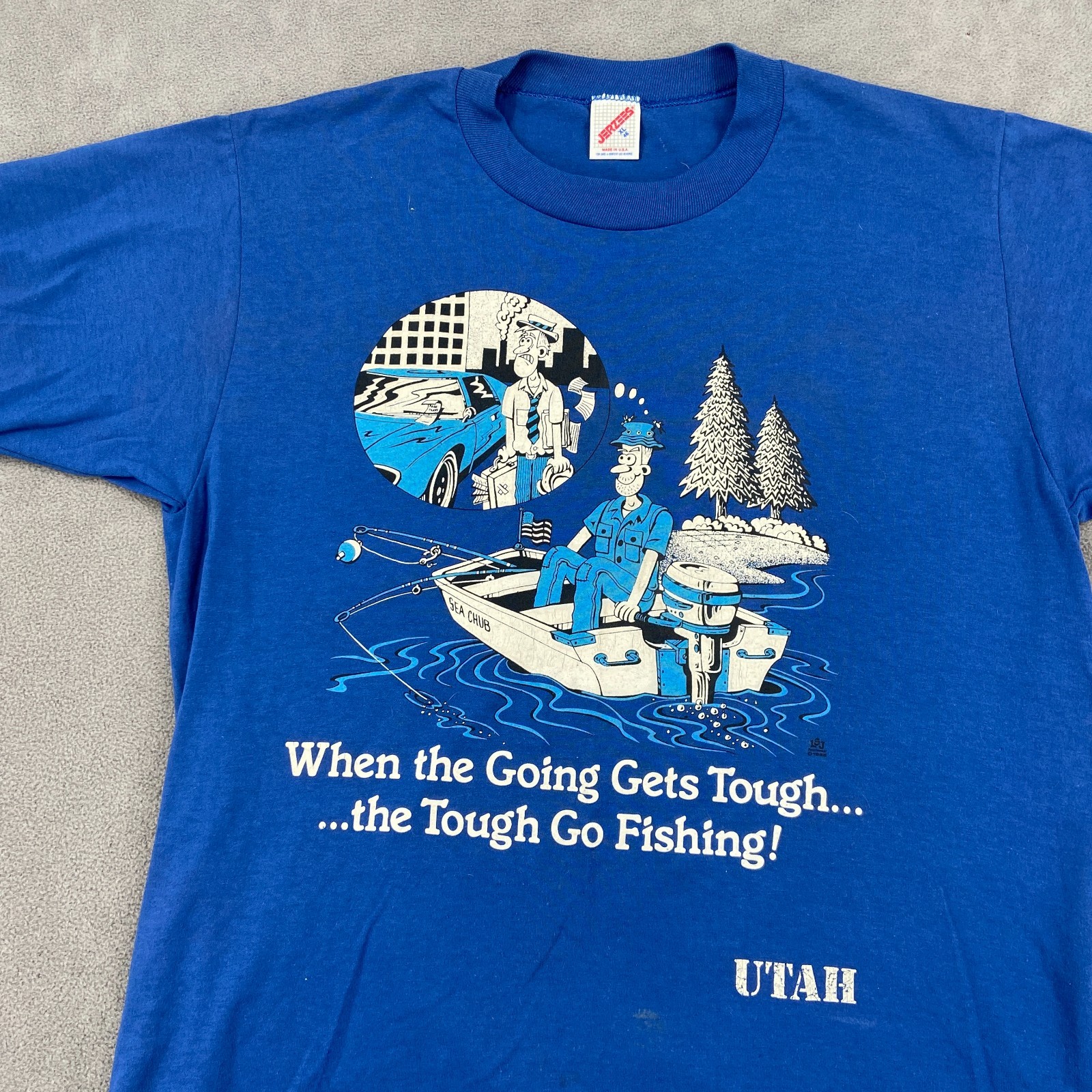 Vintage Jerzees T Shirt Mens XL Blue Fisherman Cartoon When the Going Gets Tough gallery