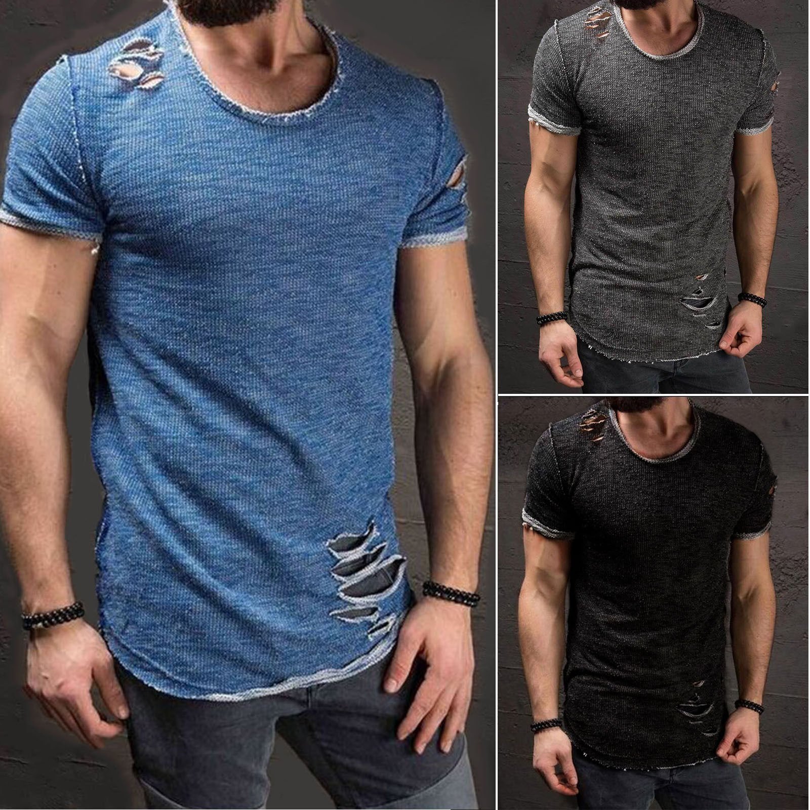 Hot Men's Slim Fit O Neck Short Sleeve Muscle Tops T-shirt Ripped Casual Blouse gallery