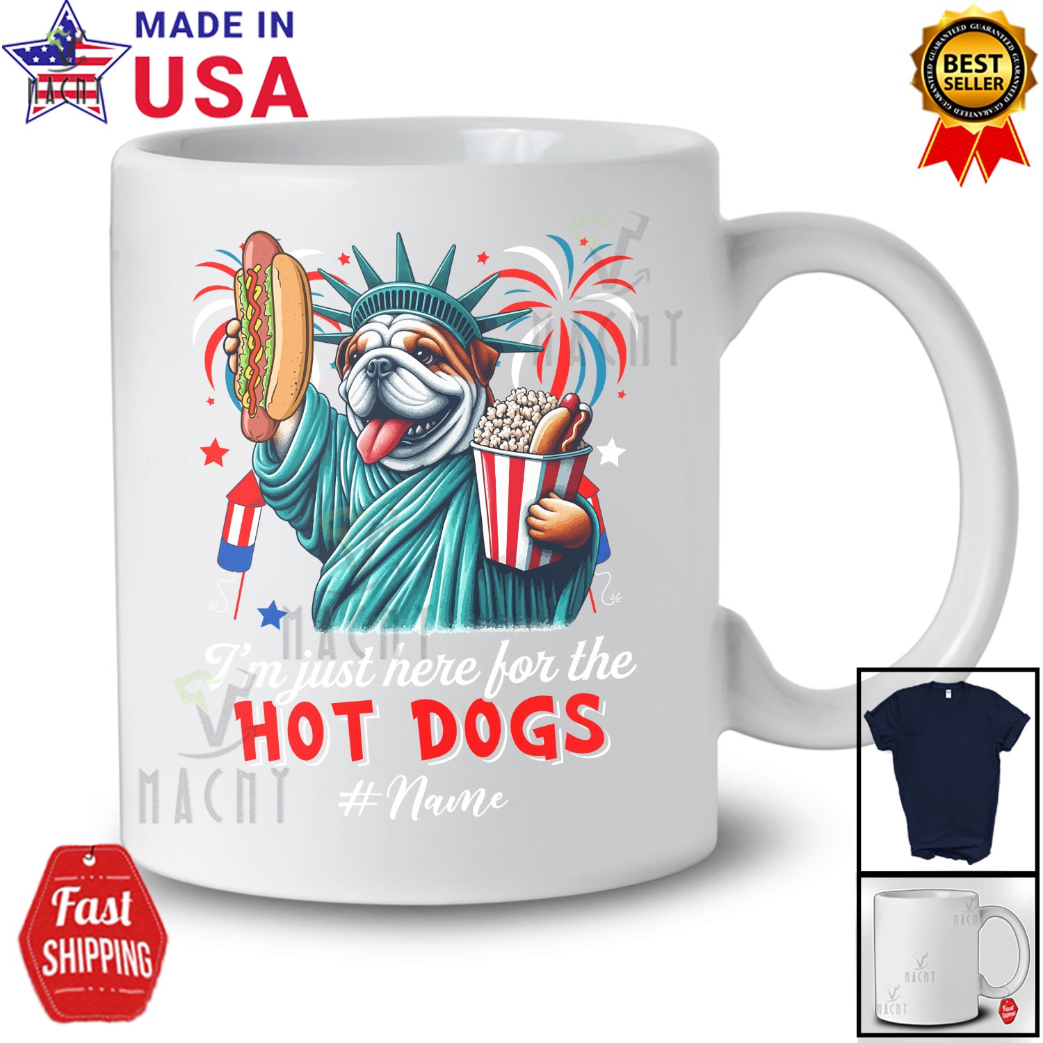 Custom Name Just Here For The Hot Dogs; Proud Bulldog Liberty Patriotic T-Shirt gallery