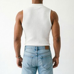 Men Ribbed Sleeveless Tank Top with Half Turtleneck Neckline Casual Vest