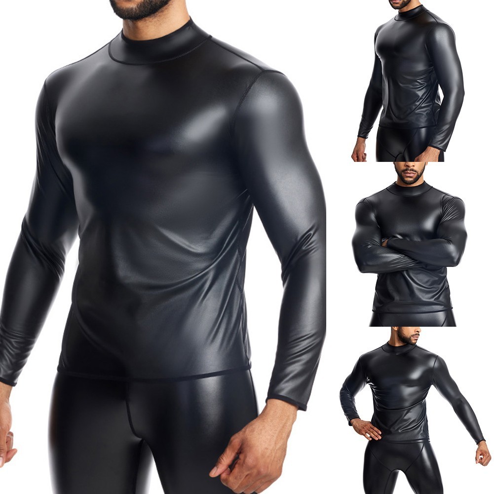 New Men’s Sexy Club Nightclub Leather Slim Long Sleeve Casual T-Shirt Tops