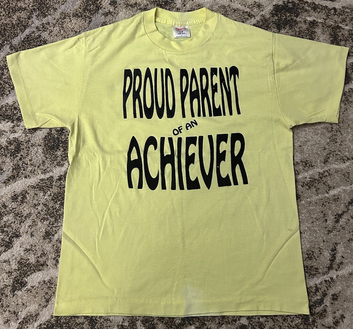 VTG 80s Hef-T Teejays Shirt Proud Parent Of An Achiever L Yellow Single Stitch