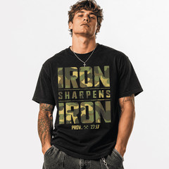Iron Sharpens Iron Christian Bible Verse Graphic T-Shirt Camouflage Faith Tee