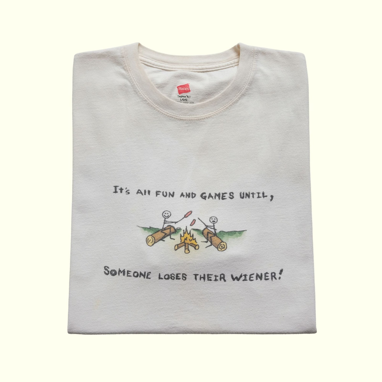 HANES VTG Y2K RETRO FUNNY COMEDY WIENER CAMPING OUTDOOR GRAPHIC WHITE T SHIRT gallery