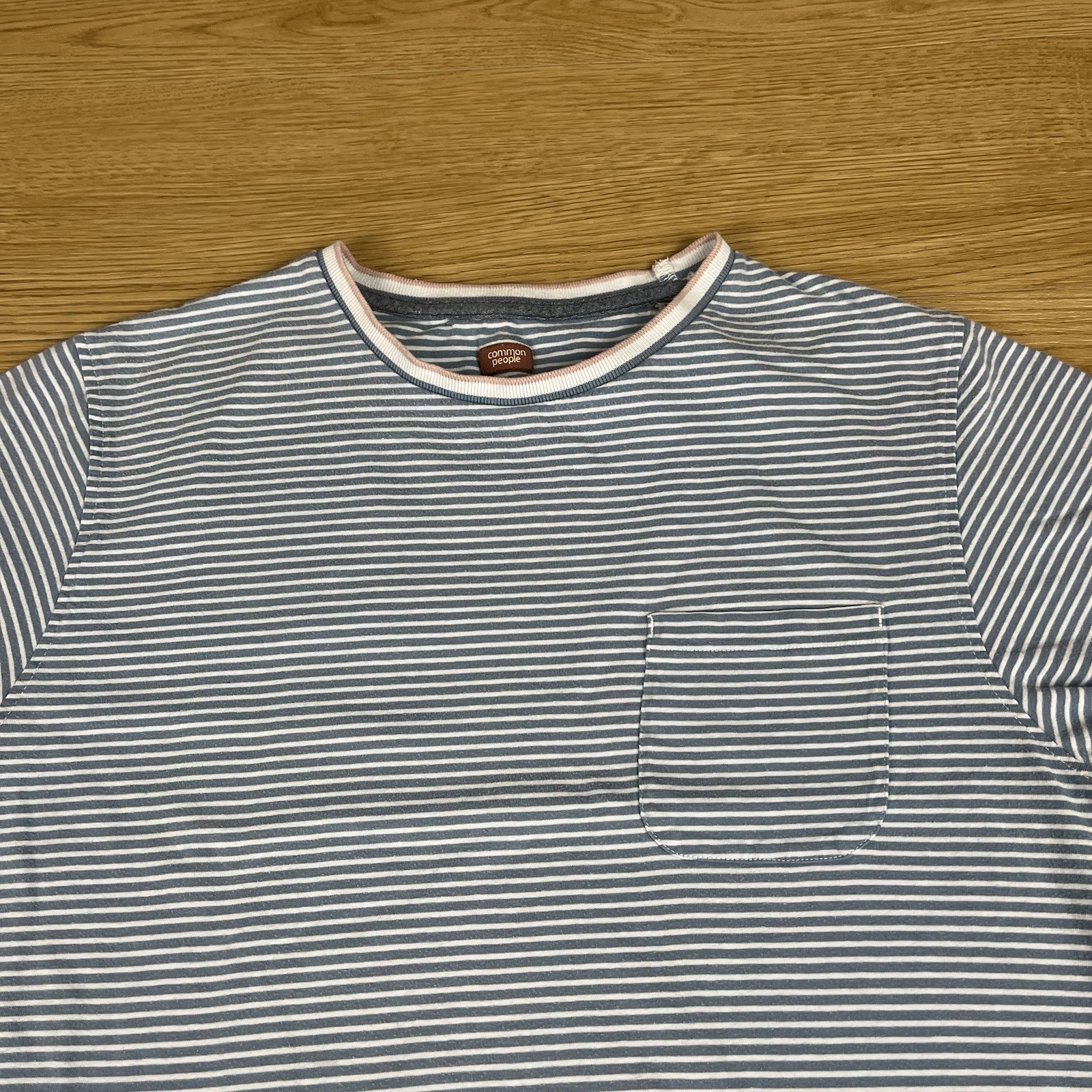 Common People Men's Blue Pink Striped Pocket Cotton Tee T Shirt M Medium Indi gallery