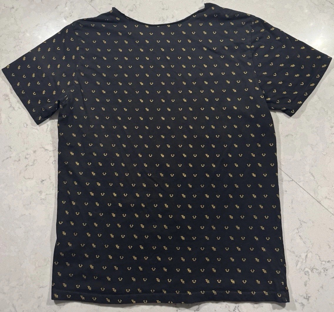 True Religion T-Shirt Mens Medium Black Gold All Over Monogram Signature Logo gallery