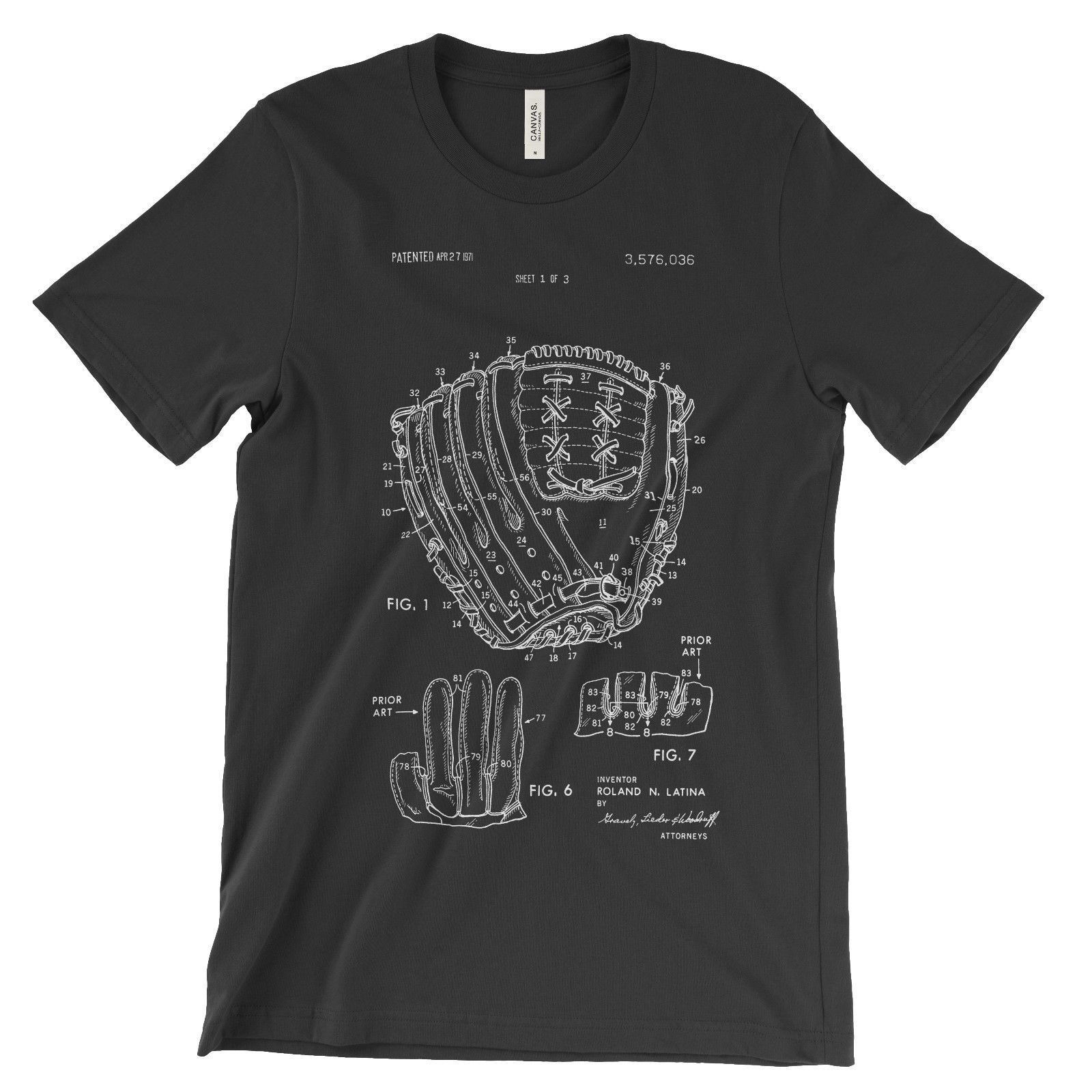 Baseball Glove Patent T-Shirt.100% Cotton Soft Comfy Tee on Black White or Gray