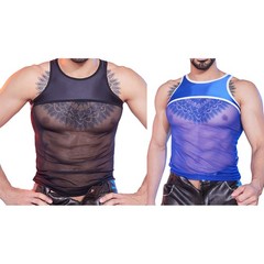 Sheer Mesh Patchwork Tank Top Men Sleeveless Crew Neck Shirt Singlets Clubwear