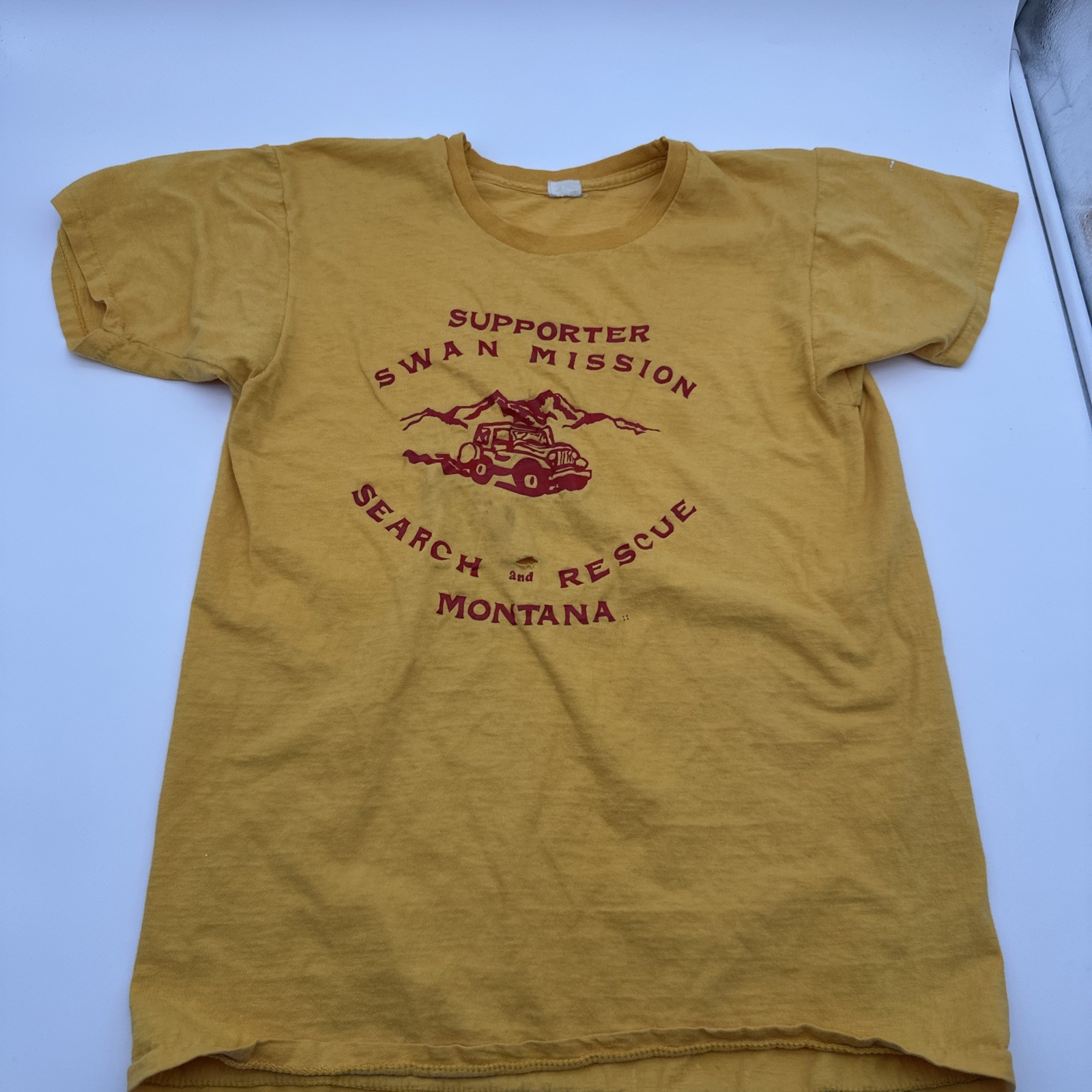 Vtg 70s T Shirt Single Stitch Swan Mission Search and Rescue Graphic Print Holed gallery