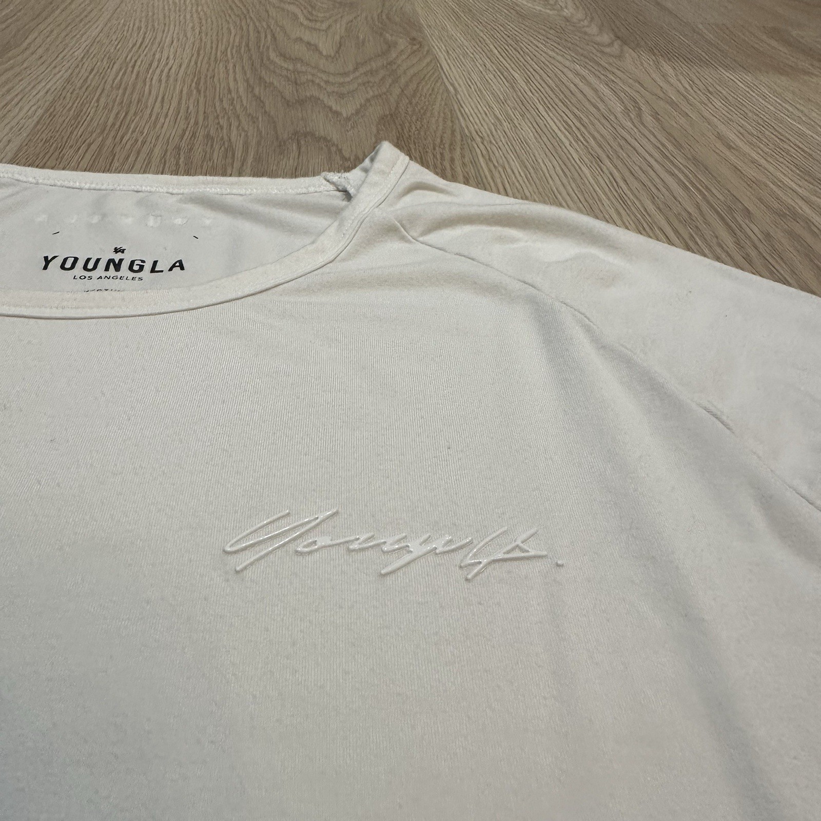 YoungLA Stretch Performance Long Sleeve Shirt Men Medium White Logo Supper Soft gallery