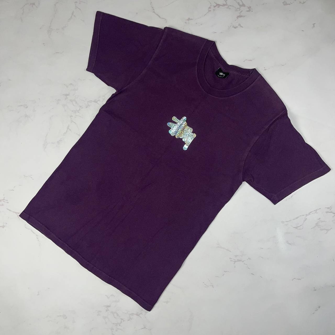 Vintage STUSSY T-Shirt Purple Glitter Logo Y2K Casual Tee Size S gallery