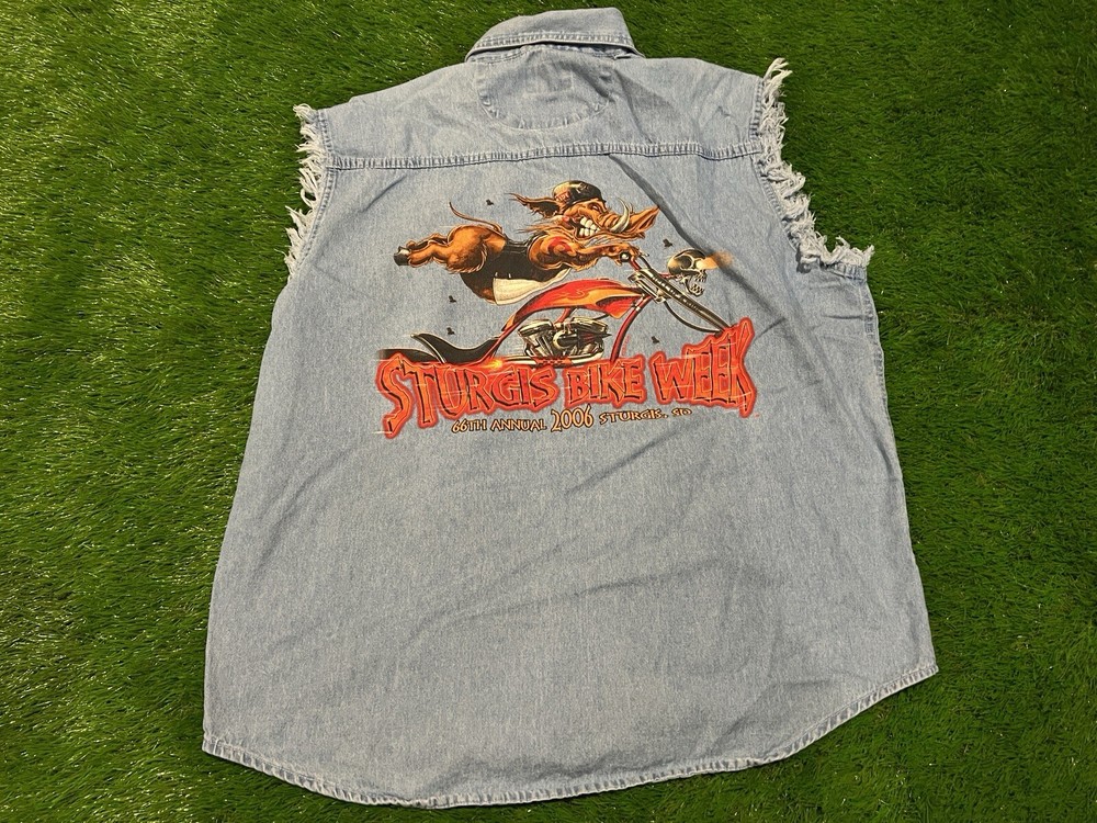 Thunder Threads Sturgis Bike Week 2006 Denim Button Cut Off Graphic Shirt – XL