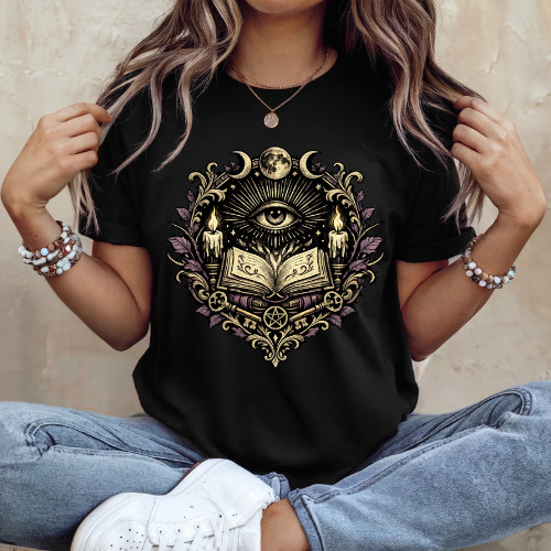 Occult Eye Grimoire T-Shirt Gothic Mystic Moon Book Witchy Graphic Te gallery