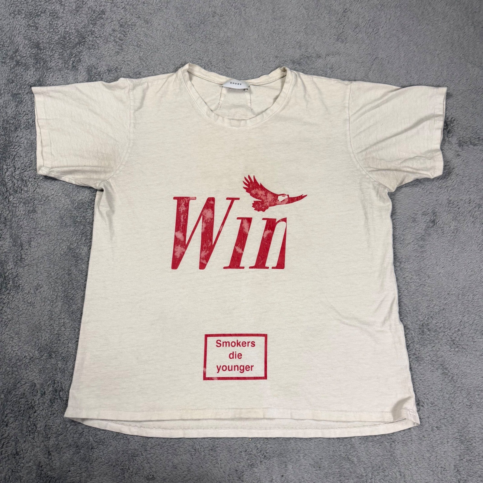Rhude Win Smokers Die Younger Graphic T-Shirt Mens Small Cream Red Off-White gallery
