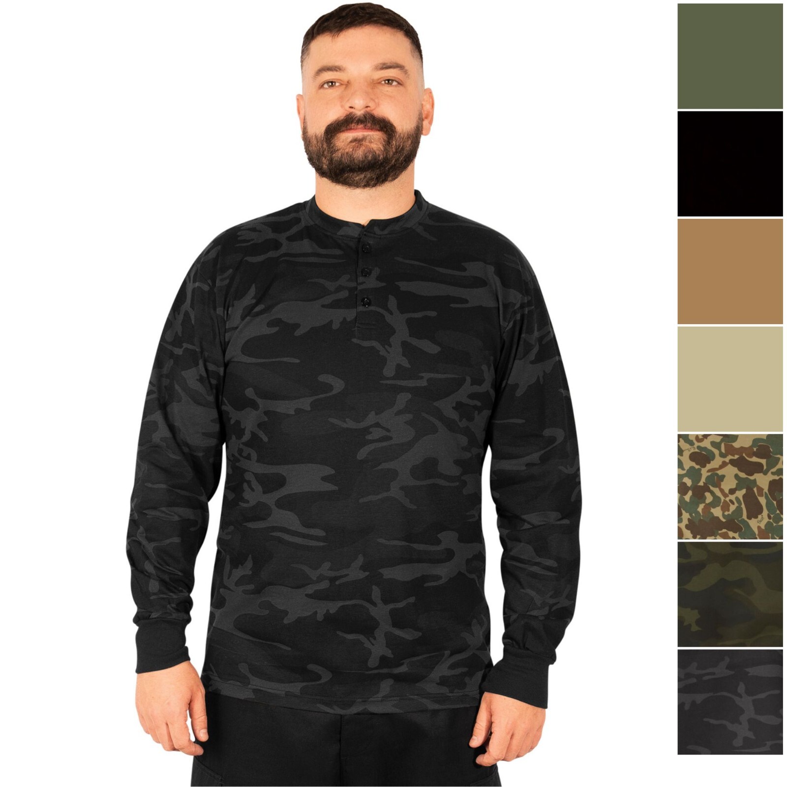Mens Long Sleeve Henley T-Shirt Round Neck Military Shirt with Reinforced Seams gallery