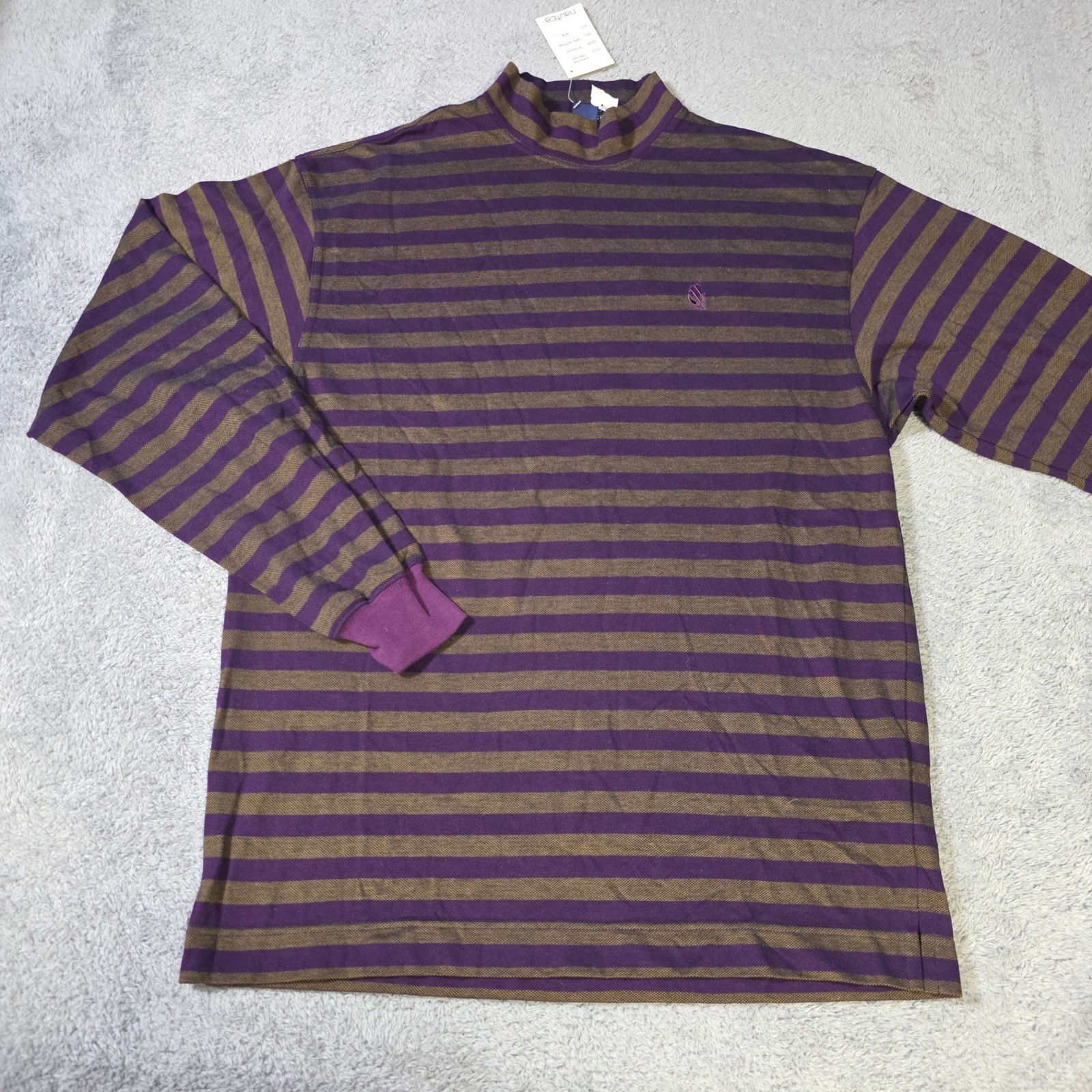 Nautica Mens Medium Mock Neck Long Sleeve Shirt Raisin Purple Striped Cotton