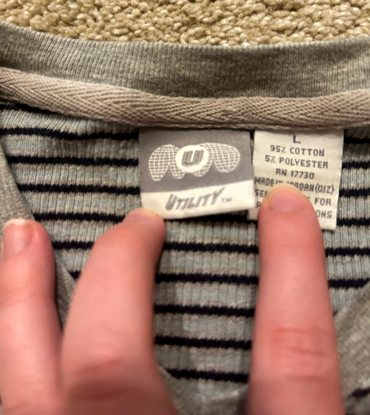 Vintage Utility Wear Knit V Neck Mens Blue and Gray Striped Ribbed Shirt Sz L gallery