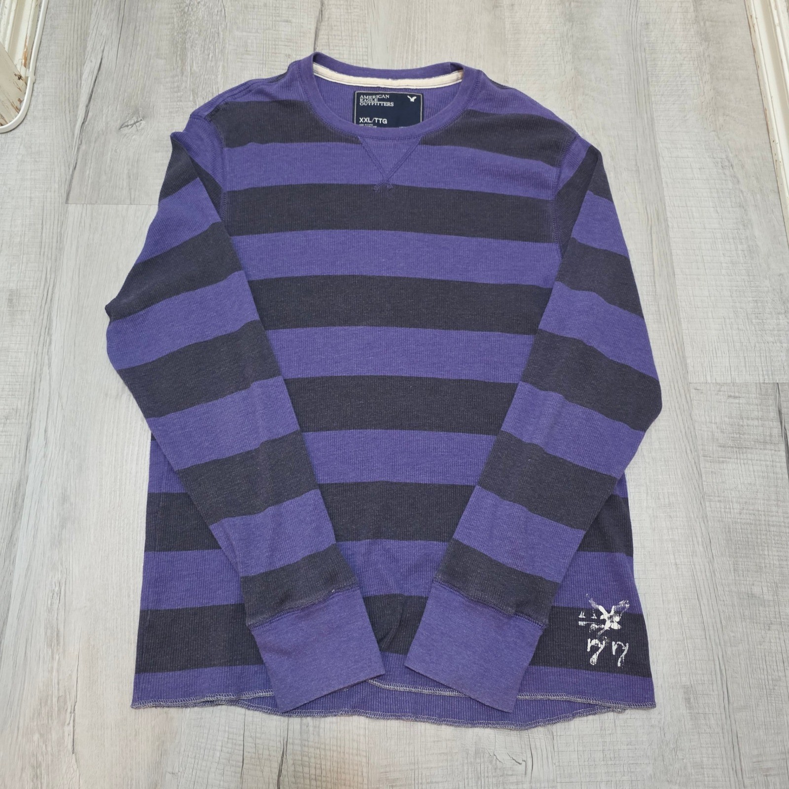 American Eagle Thermal Shirt Mens XXL Purple Black Striped Long Sleeve Waffle