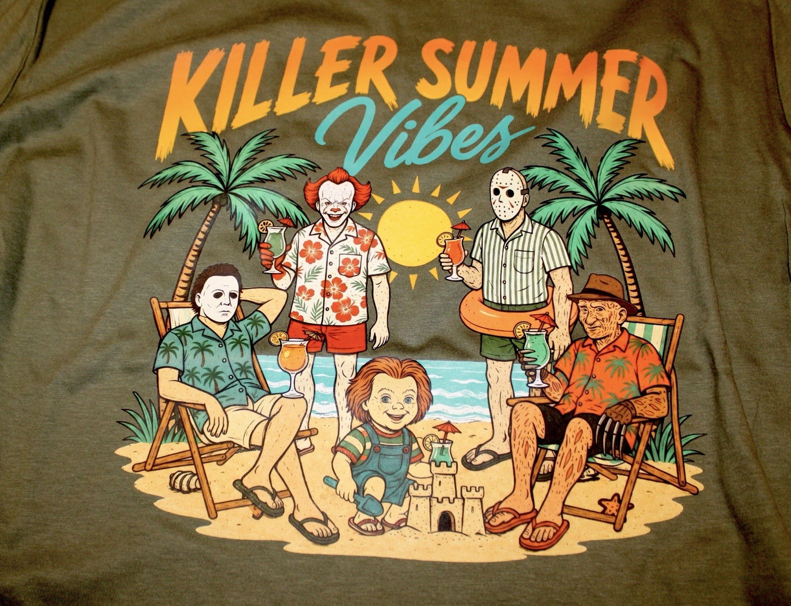 jason, freddy, chucky Green Crew Neck Graphic Tee Killer Summer Vibes gallery