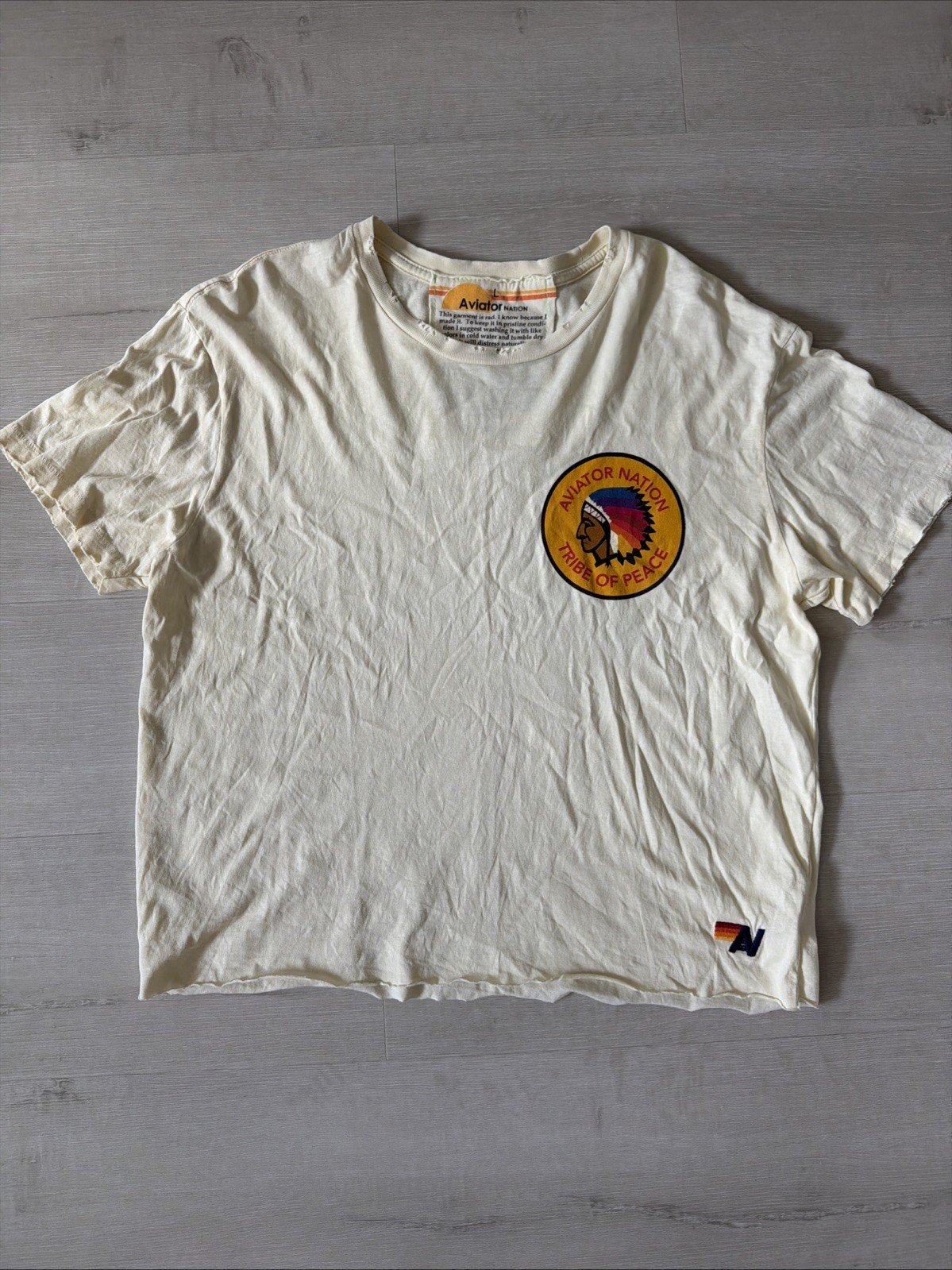 Aviator Nation Shirt – Tribe of Peace Tee Rare – Adult LARGE Pale Yellow NWOT