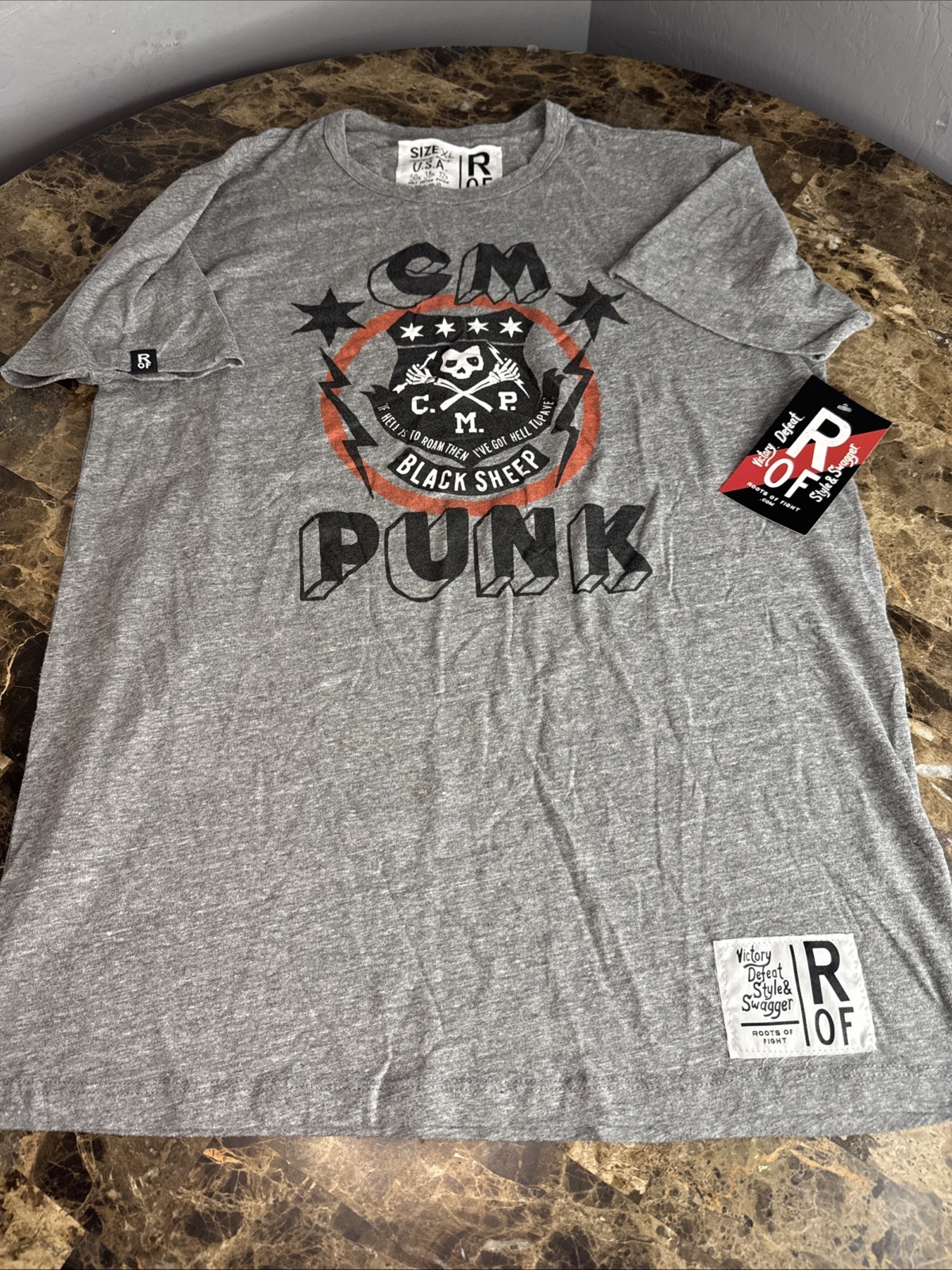 Roots Of Fight CM Punk Black Sheer Gray T Shirt Graphic Tee Sz XL New W Tags