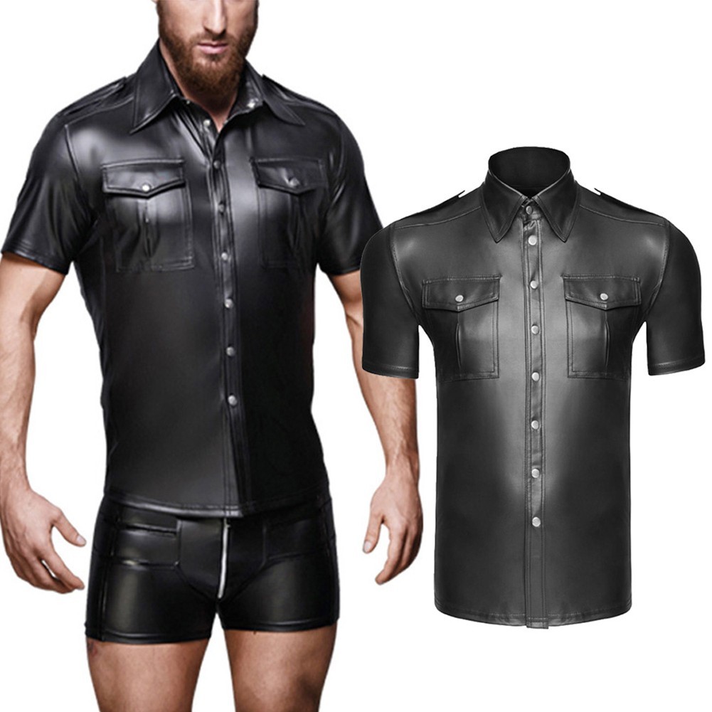 Men Black Faux Leather Short Sleeve Collared Shirt Wet Look Top Blouse gallery