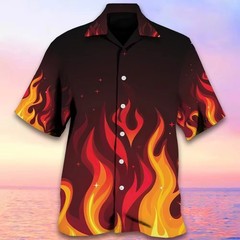 Mens Button Down Black Fire Flame Hawaiian Novelty Holiday Summer Gift Shirt