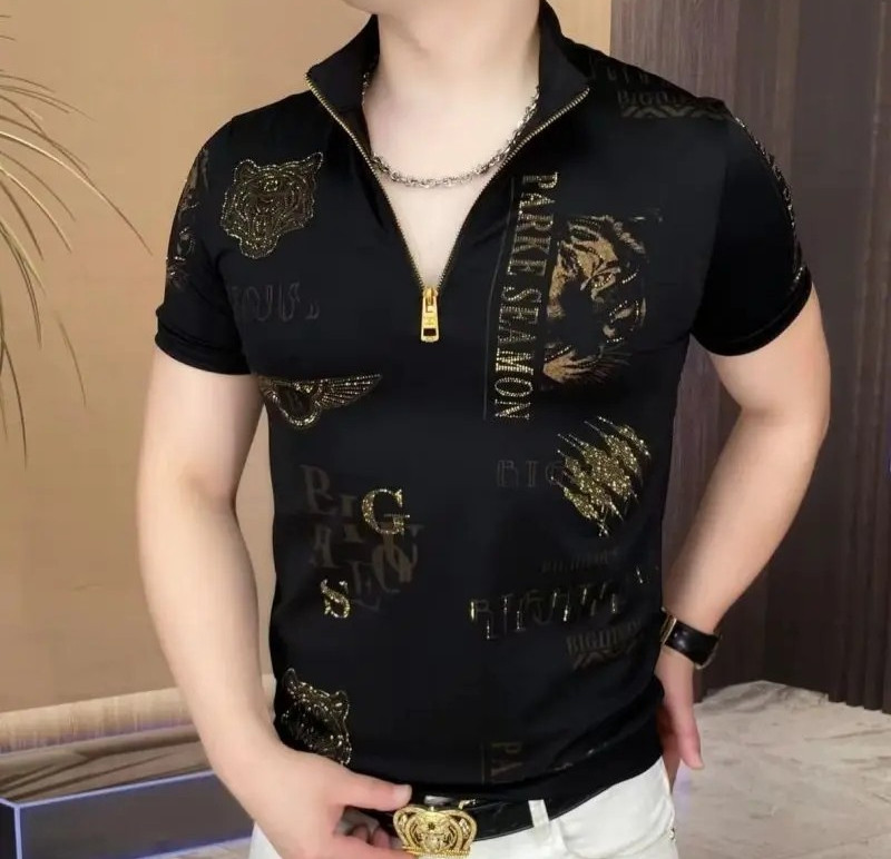 New Men Luxury Diamond Tiger Rhinestones Fashion Black Polo T-Shirt High Quality