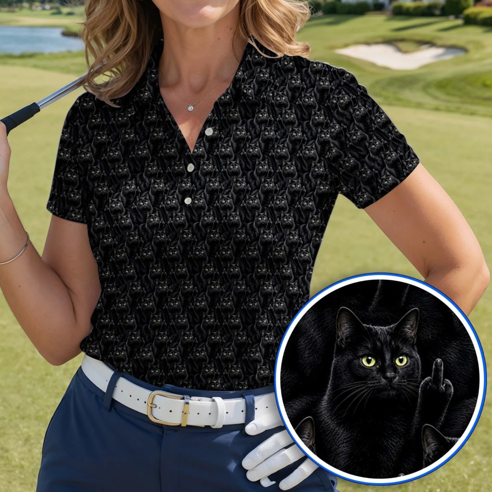 Black Cat Golf Polo Shirt Men Funny Rude Middle Finger Cat Dad Gift (S-5XL) gallery