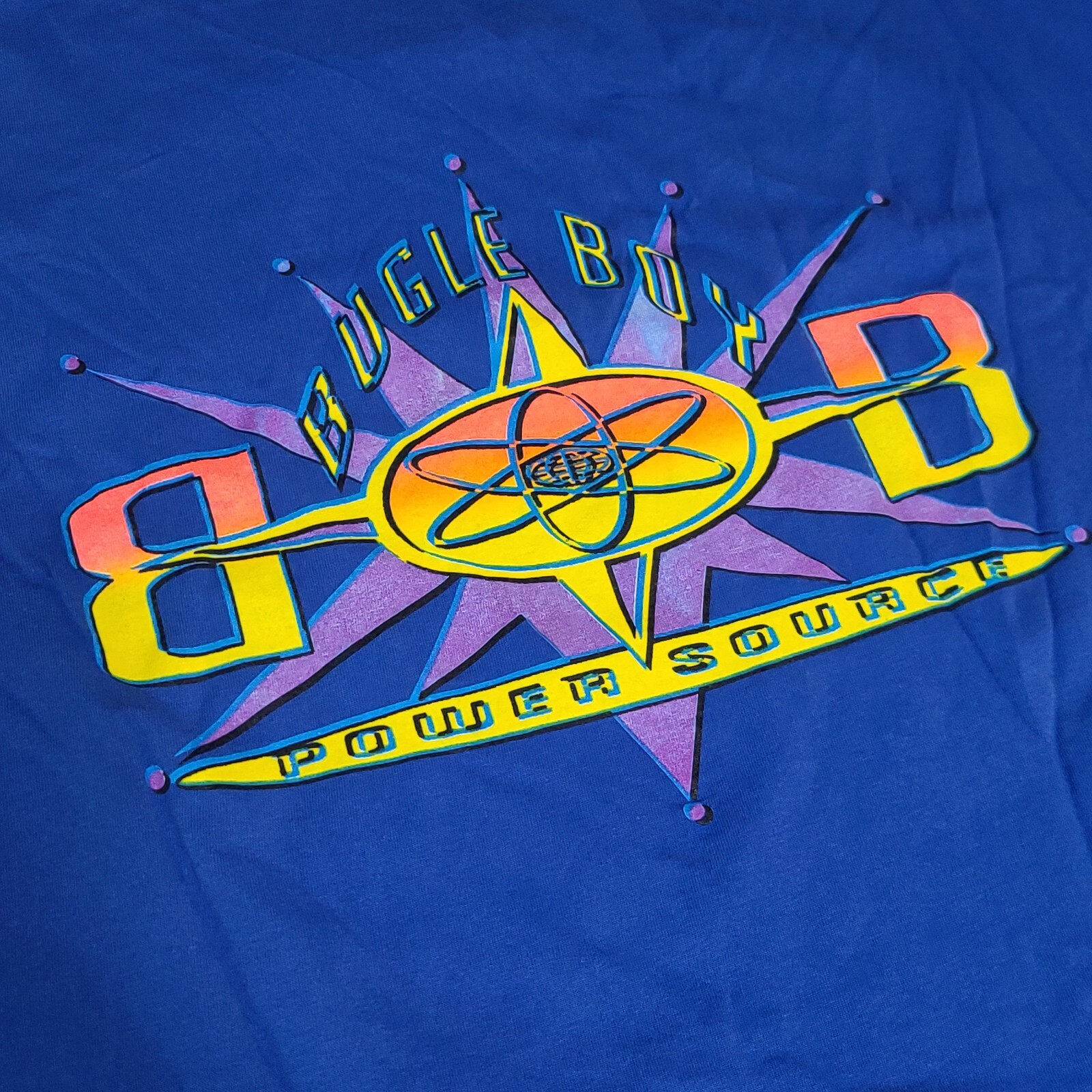 Vintage 90S Bugle Boy Power Source Atomic Graphic T-Shirt Men's XL Blue USA gallery