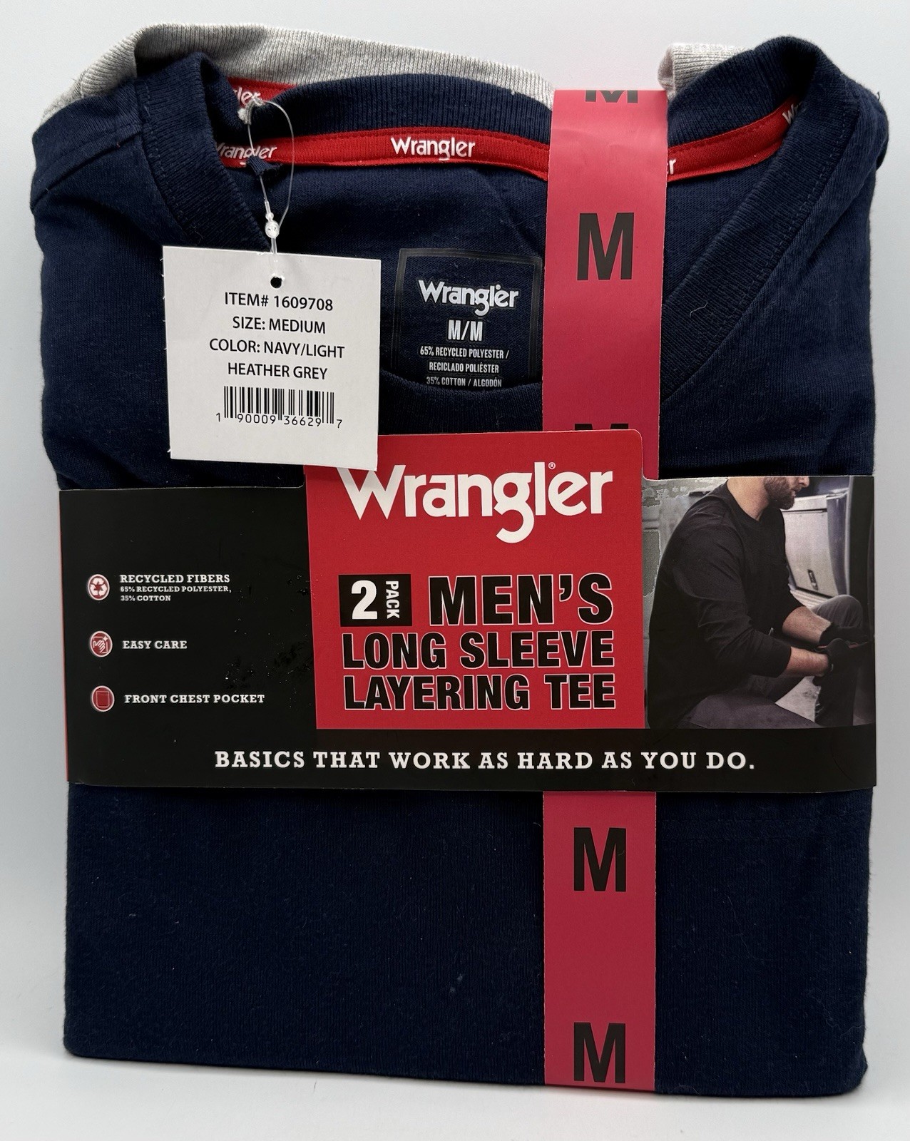 Wrangler Men’s 2 Pack Long Sleeve Layering Work Tee Size M Gray/Navy With Pocket