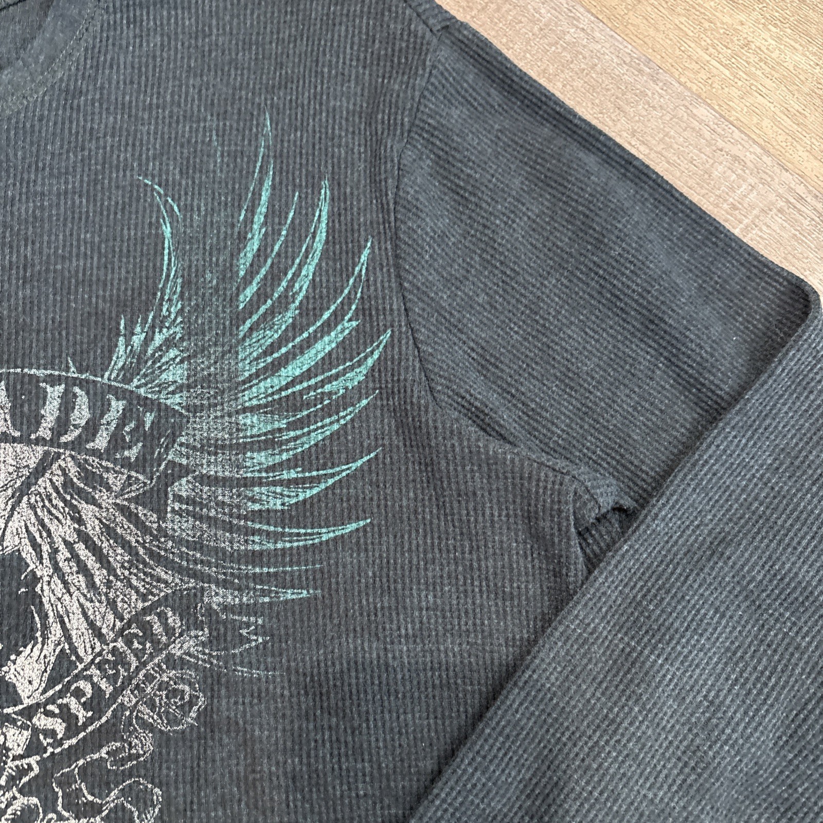 Y2K Thermal Shirt Mens L Waffle Knit Goth Grunge Skull Wings Navy Biker Tattoo gallery