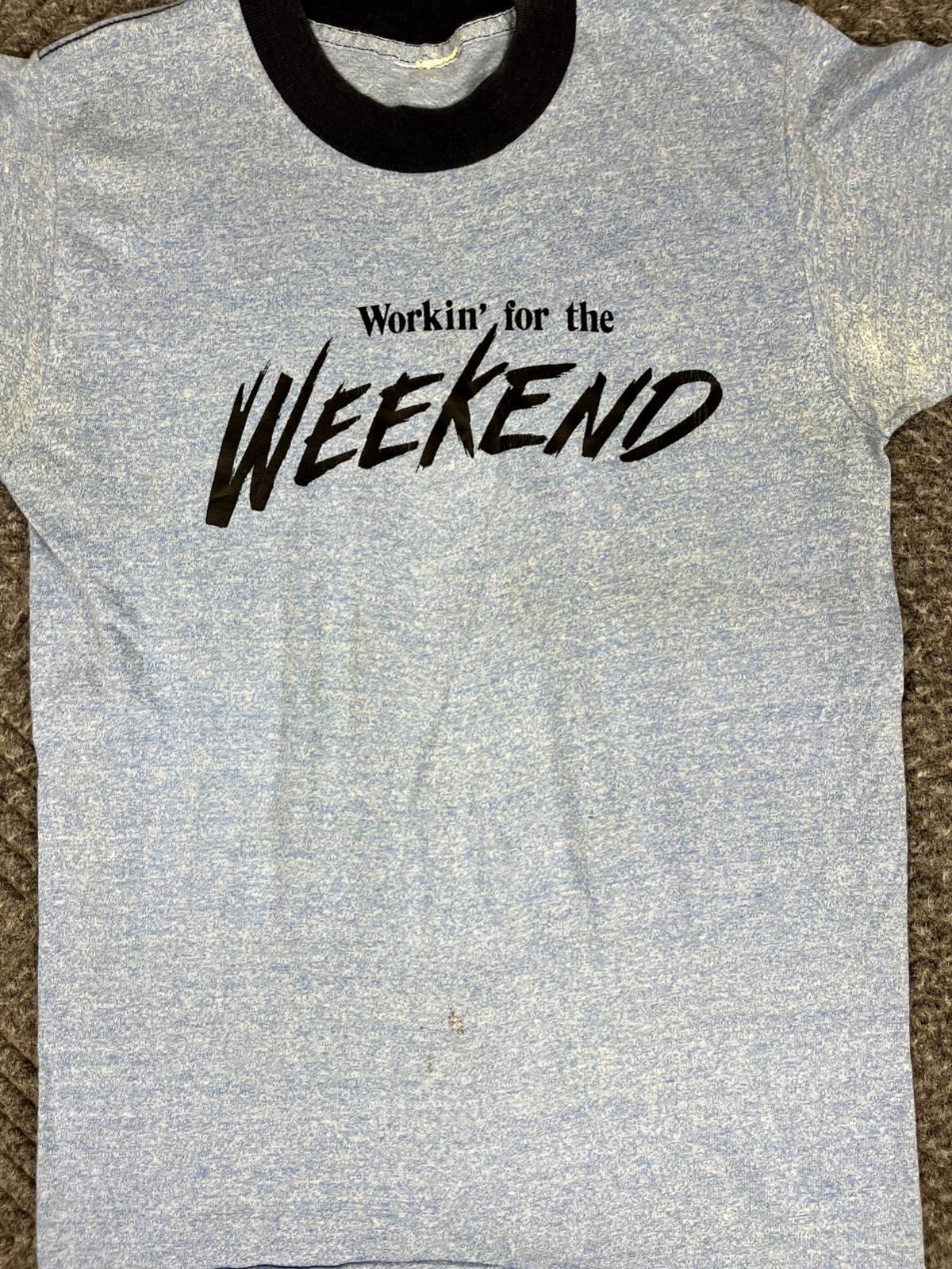 Vintage 70's Workin For The Weekend T Shirt Adult Small Blue Funny Ringer gallery