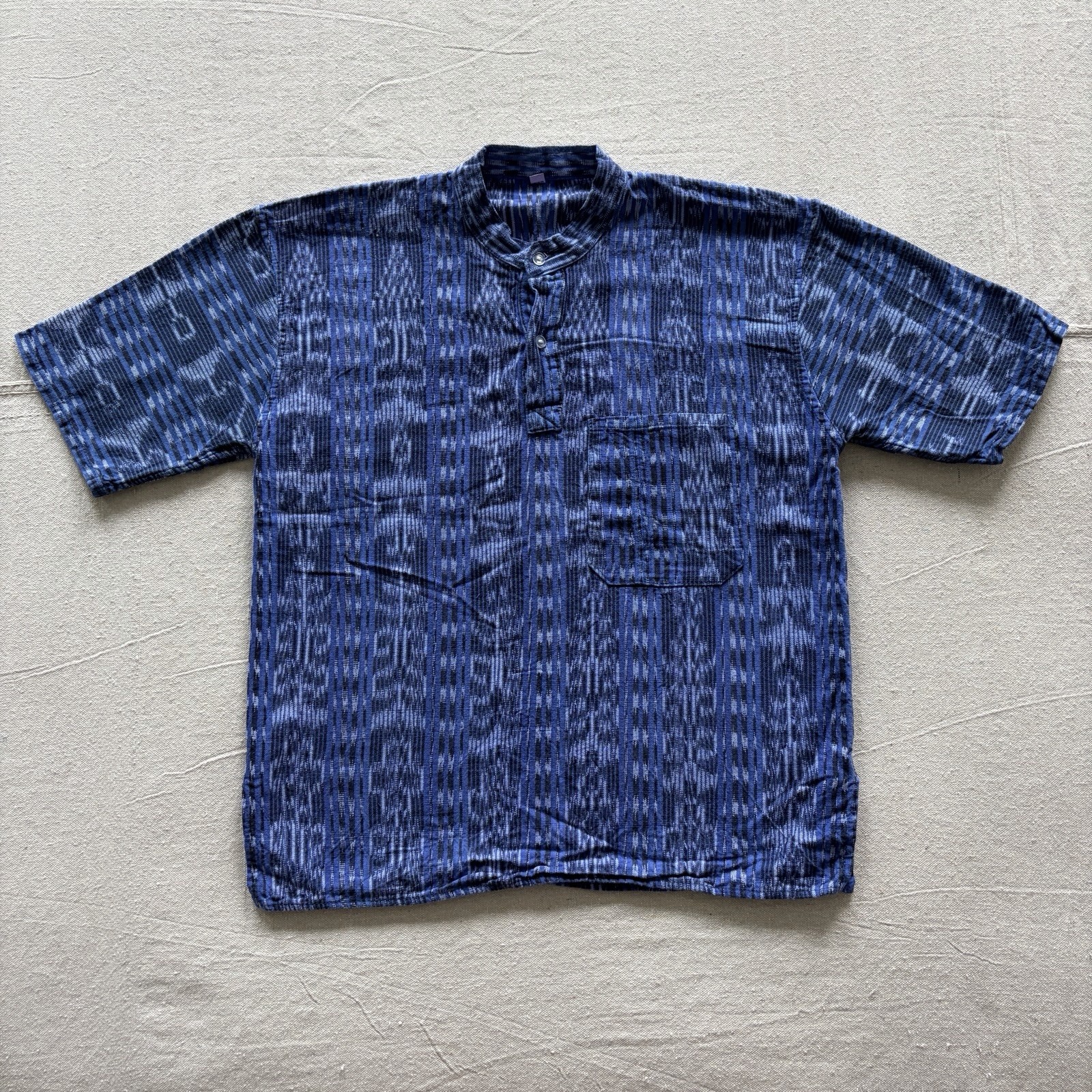 Guatemalan Ikat Collarless Henley Indigo Blue Shirt Men's Medium M Women's Large gallery