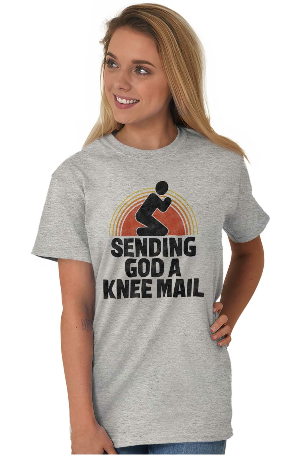 Sending God A Knee Mail Pray Religious God Adult Short Sleeve Crewneck Tee gallery
