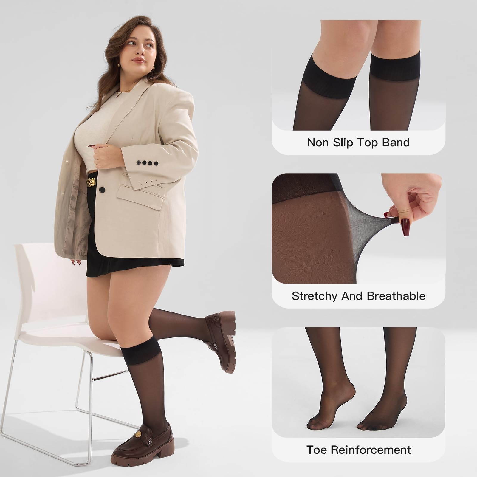 6 Pairs Plus Size Knee High Socks For Women Nylon Sheer Trouser Hosiery gallery