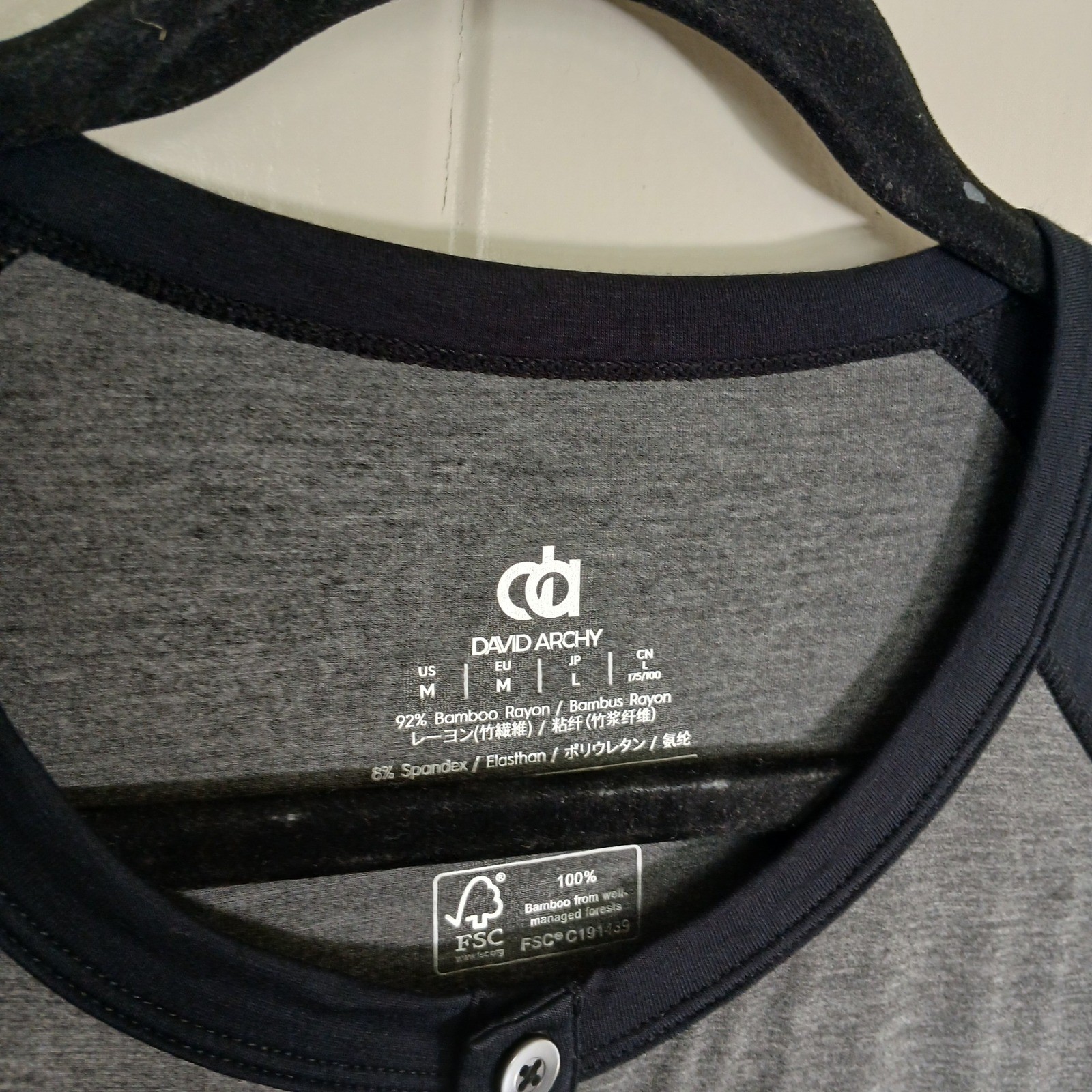 David Archy Henley Shirt Mens Medium Gray Black Bamboo Rayon Raglan Short Sleeve gallery