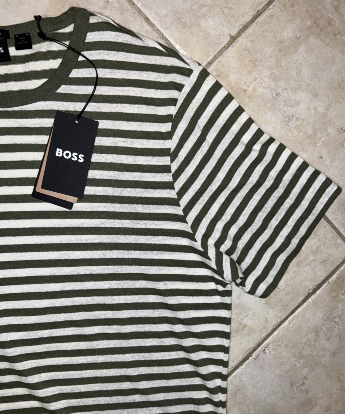 Hugo Boss Tiburt 457 Crew Neck Linen Blend Shirt Mens 3XL Green Stripe NWT $158 gallery