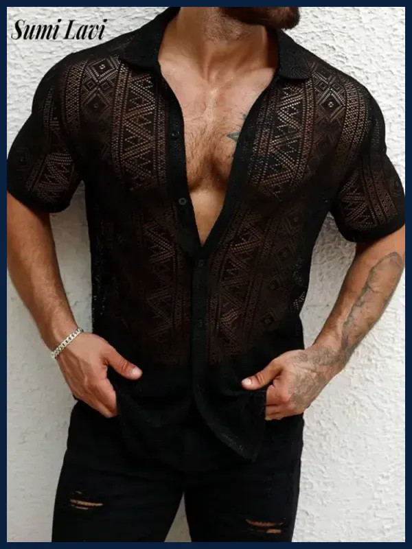 2026 Summer Trendy Mens Mesh Shirts Stylish Short Sleeve Hollow Out Mesh.