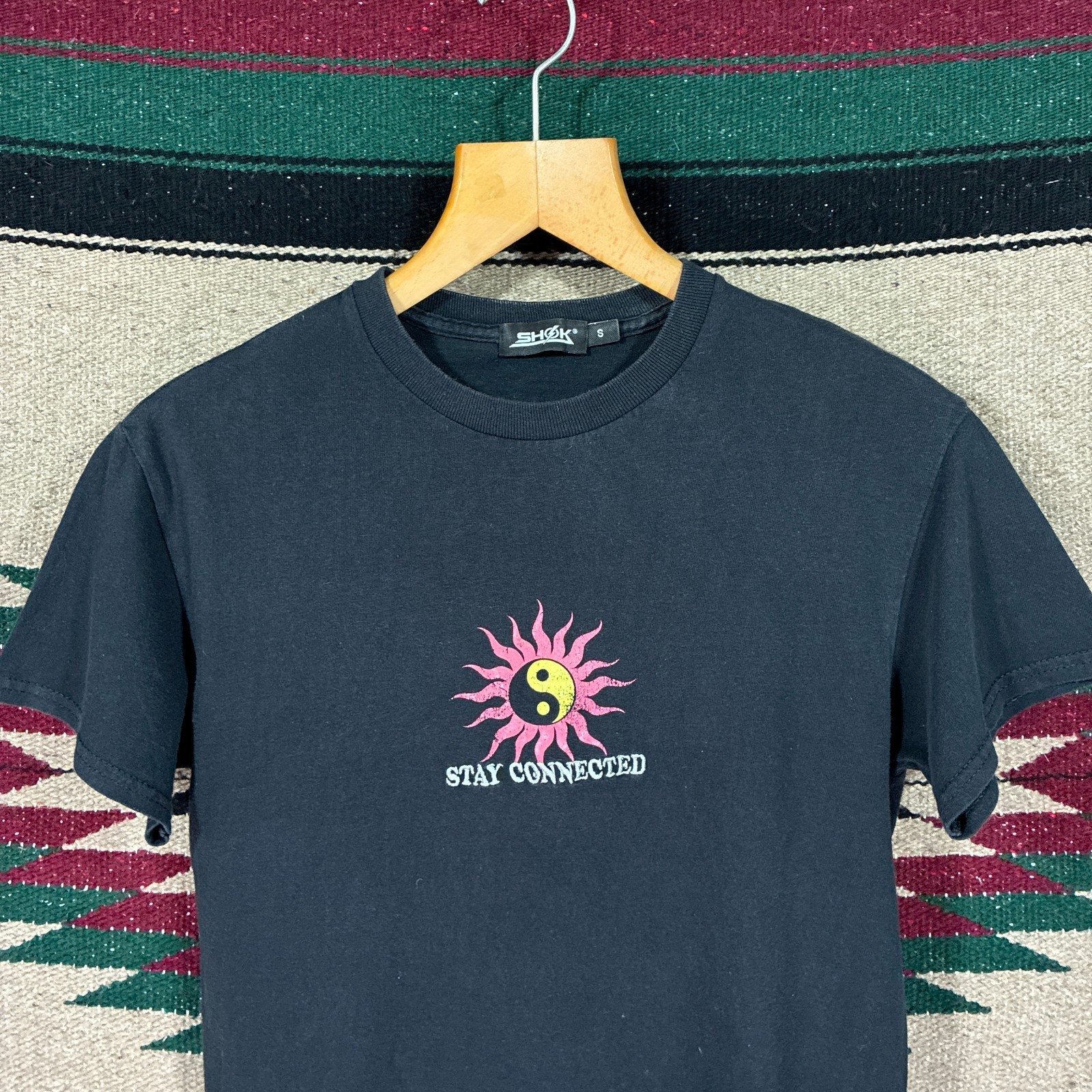 Vintage Ying Yang Black Embroidered Graphic T-Shirt - Men's Small - Boho gallery
