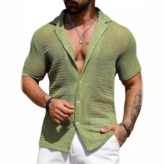 Men’s Beach Hollow Knit Button Down Shirt Breathable Summer Casual Top S-3XL