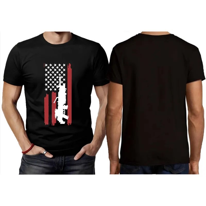 Men's 100% Cotton T-Shirt Teens Short Sleeve Crew Neck American Flag Gun gallery
